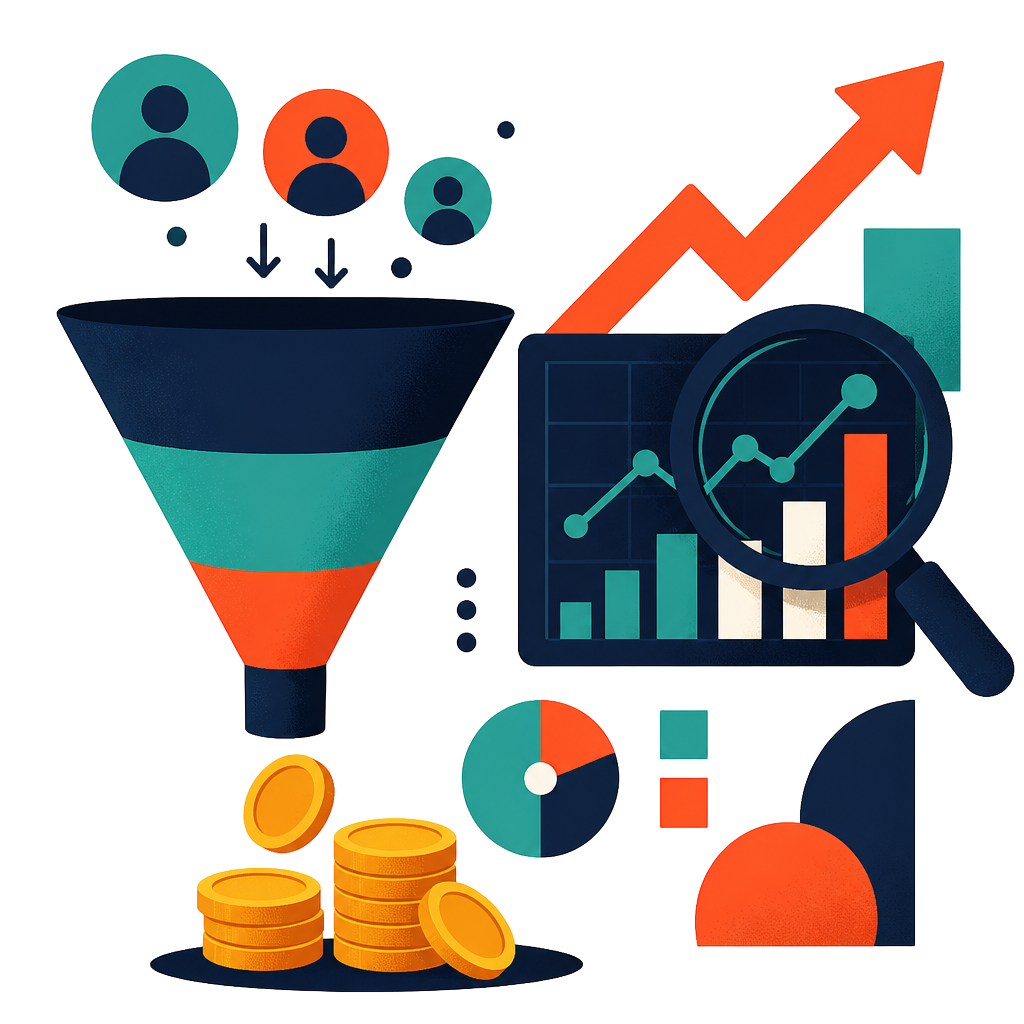 Illustration of a marketing funnel converting audiences into revenue with analytics charts