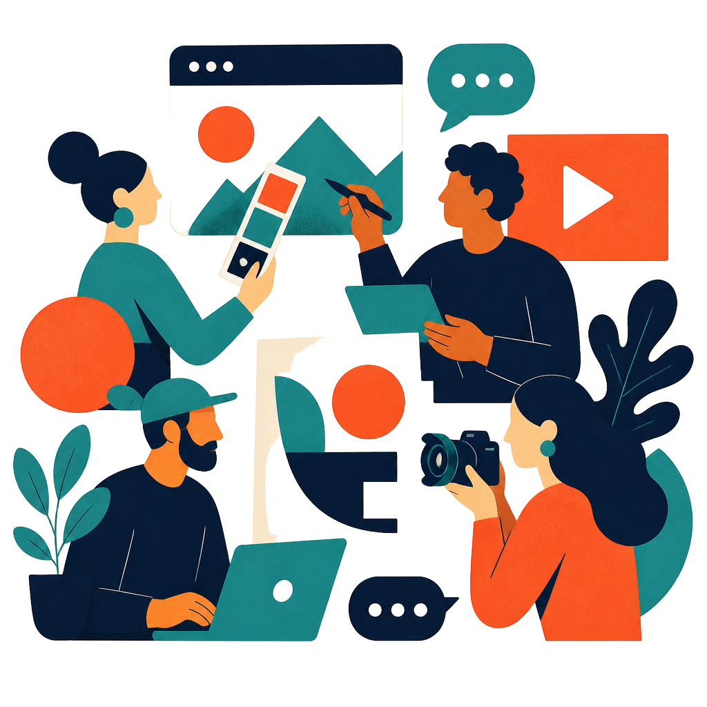 Illustration of a creative marketing team collaborating on content, design, and video